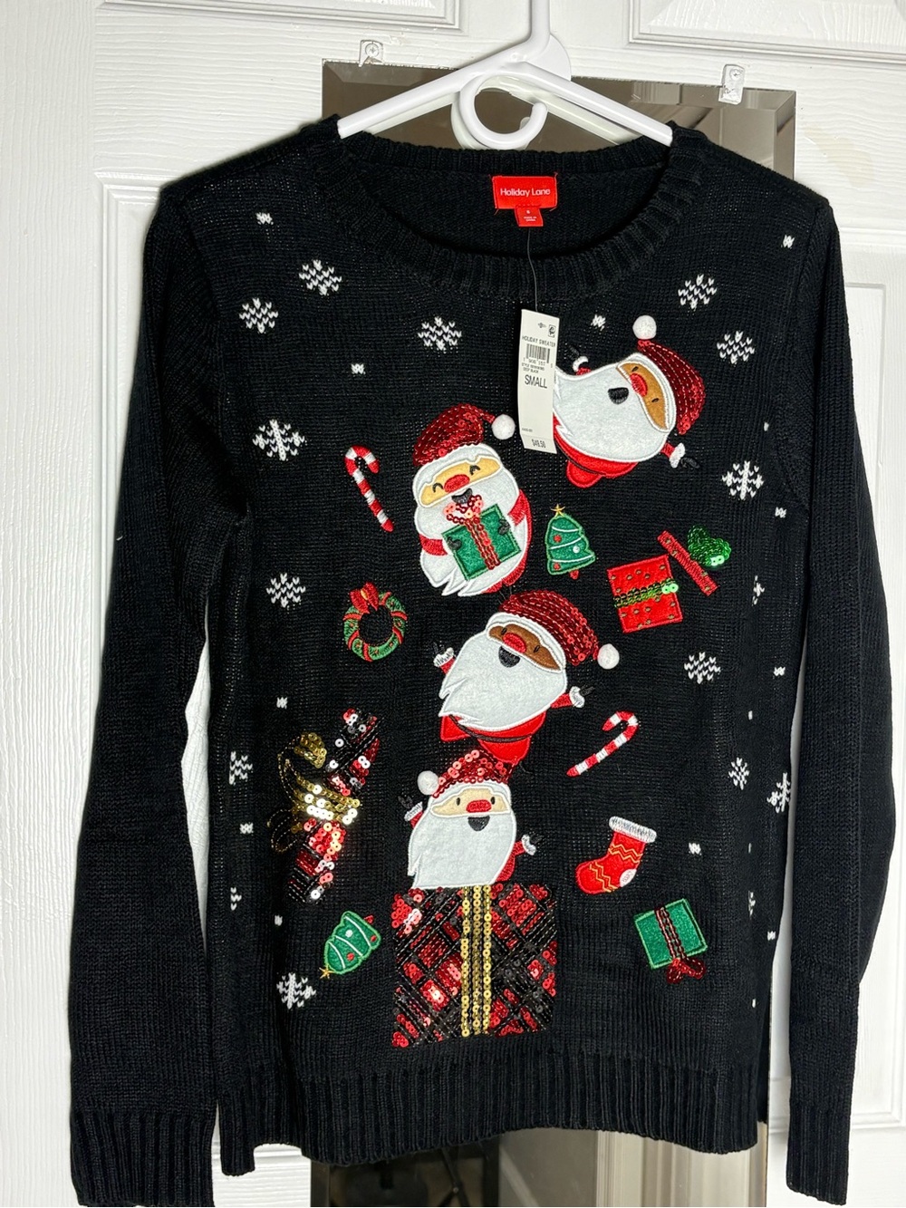 Womens Black Christmas Sweater with Santa Appliqués